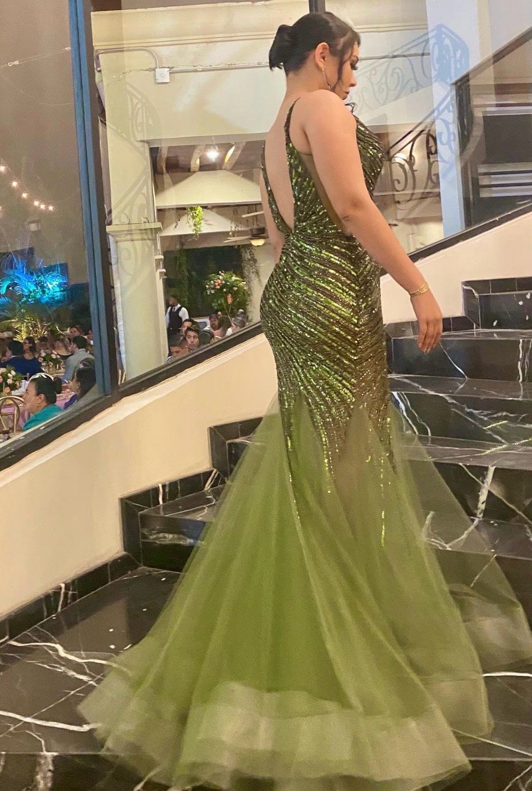 Jovani Size 6 Prom Plunge Sheer Green Mermaid Dress on Queenly