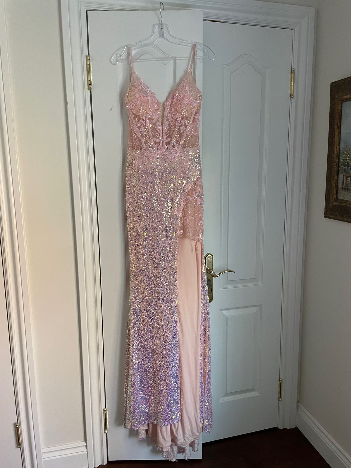 Style JVN by Jovani JVN24299 Jovani Size 4 Prom Plunge Lace Light Pink Mermaid Dress on Queenly