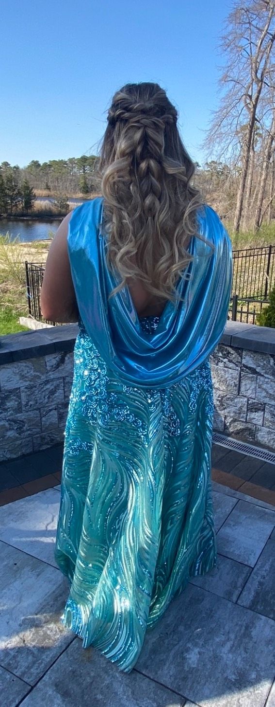 Style 60641 Jovani Plus Size 18 Prom Plunge Sequined Blue Ball Gown on Queenly