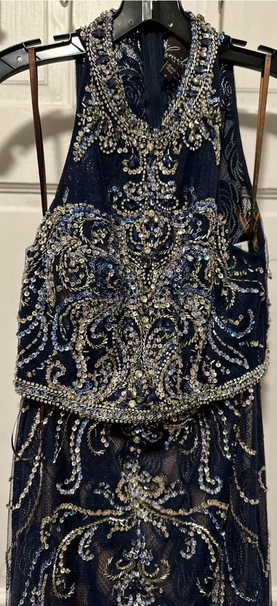Camille La Vie Size 6 Prom High Neck Sequined Navy Blue Mermaid Dress on Queenly