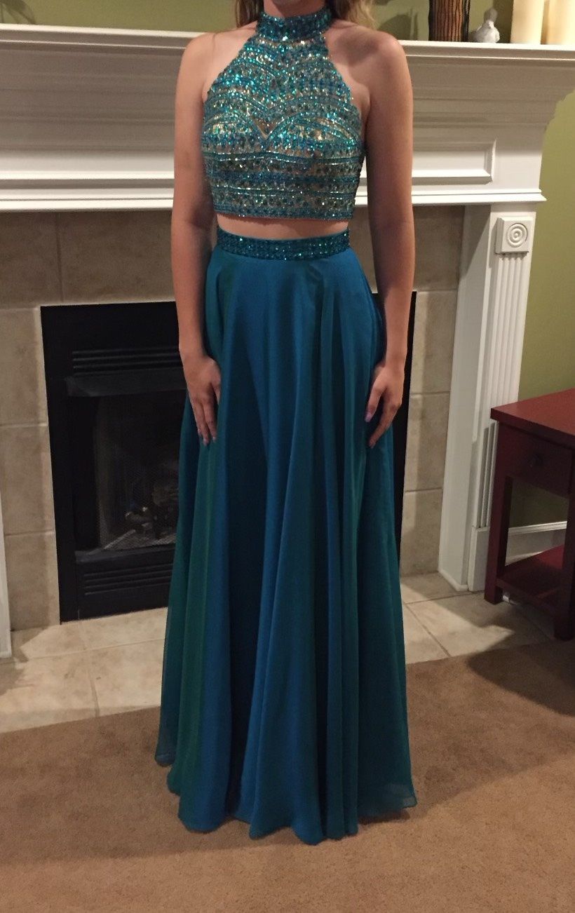 Sherri Hill Size 2 Prom High Neck Sequined Blue Floor Length Maxi on Queenly