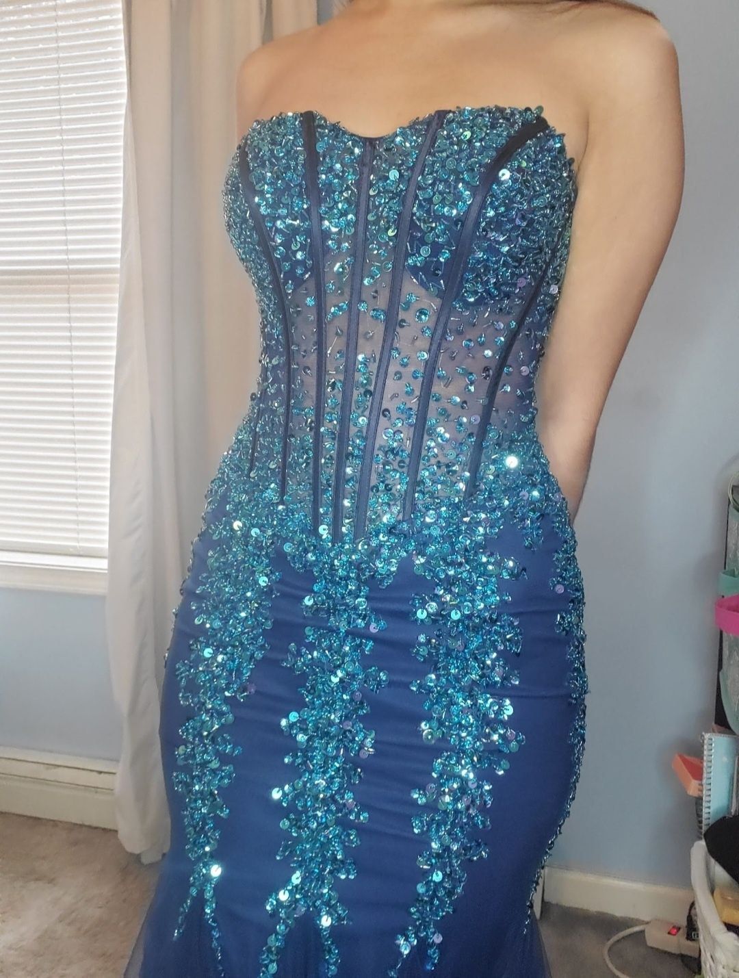 Style 5908 Jovani Size 0 Prom Strapless Sequined Light Blue Mermaid Dress on Queenly