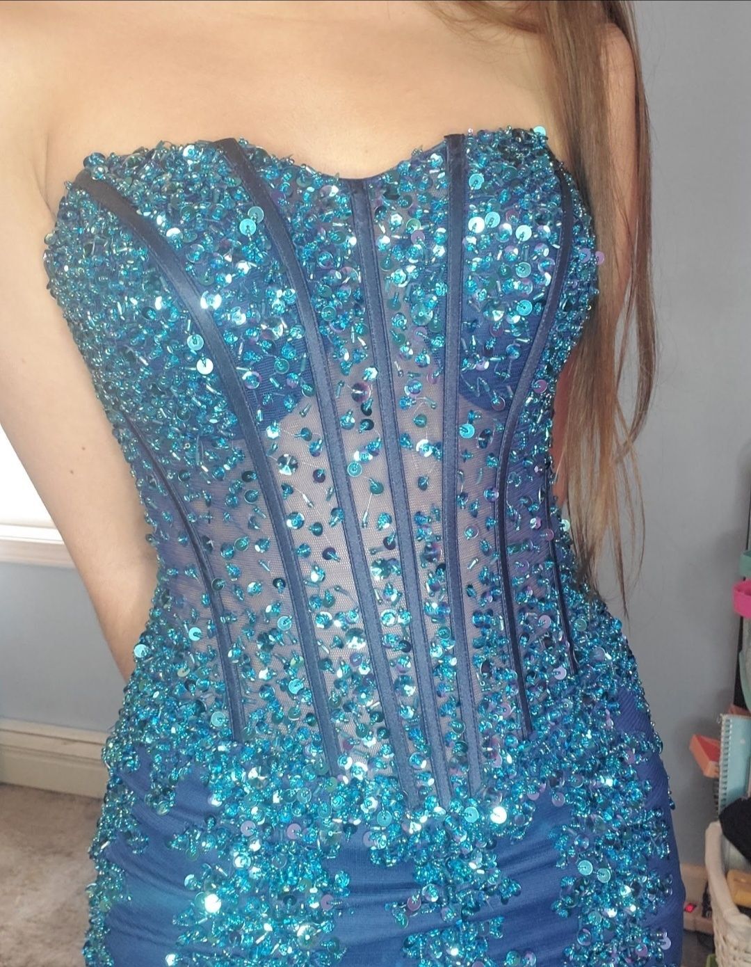 Style 5908 Jovani Size 0 Prom Strapless Sequined Light Blue Mermaid Dress on Queenly