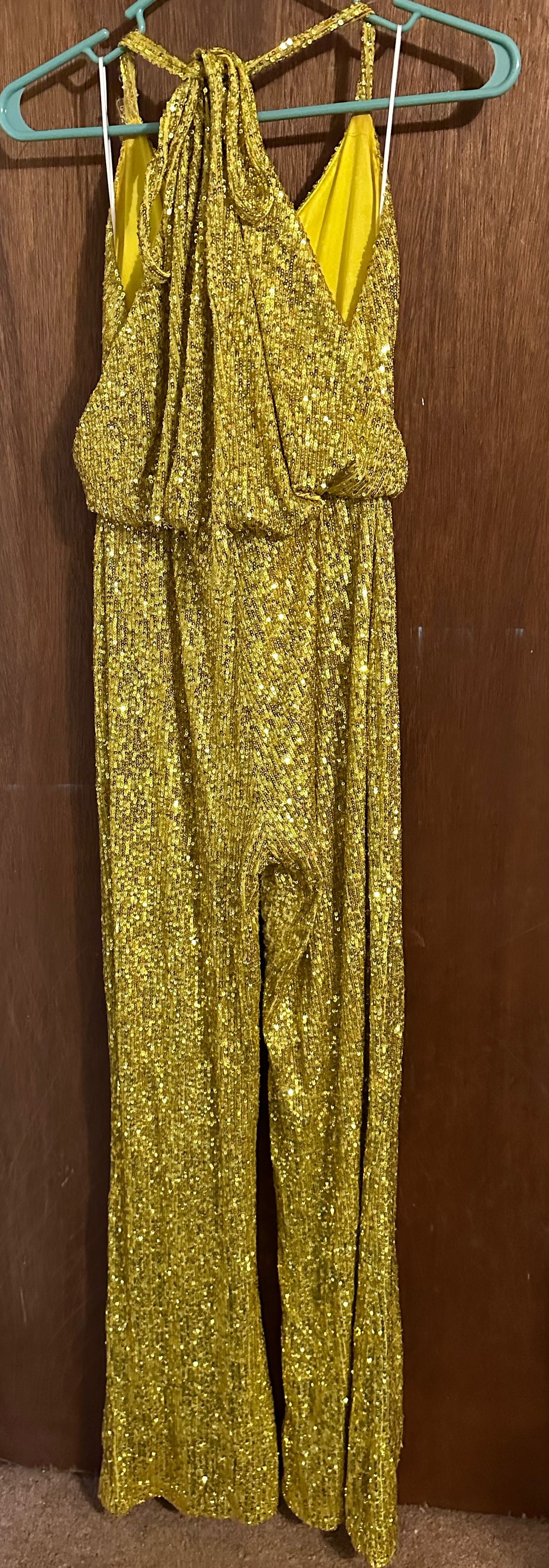 Nicole Bakti Size 4 Prom Halter Gold Formal Jumpsuit on Queenly