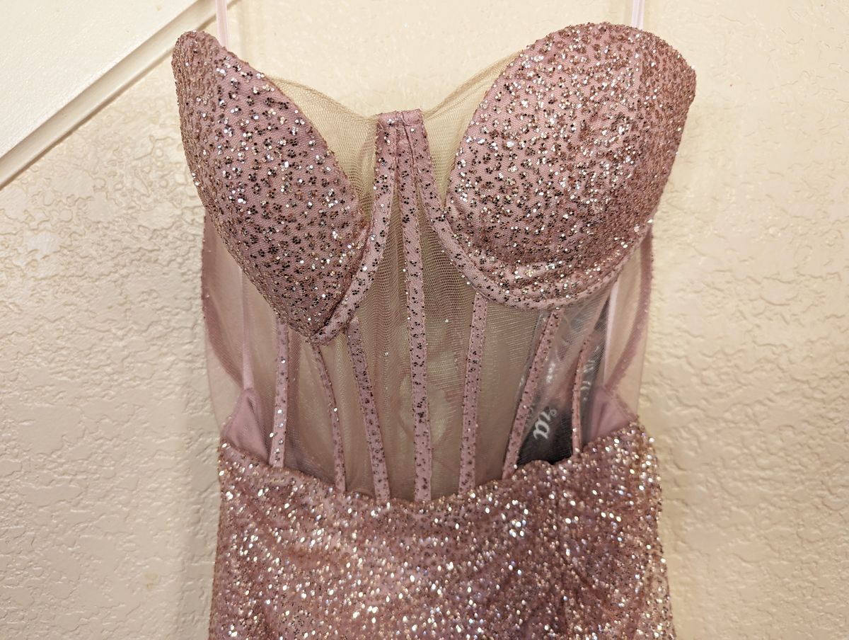 Style Rose Gold Formal Strapless Sweetheart Glitter Corset Dress Adora Size 4 Prom Strapless Pink Side Slit Dress on Queenly