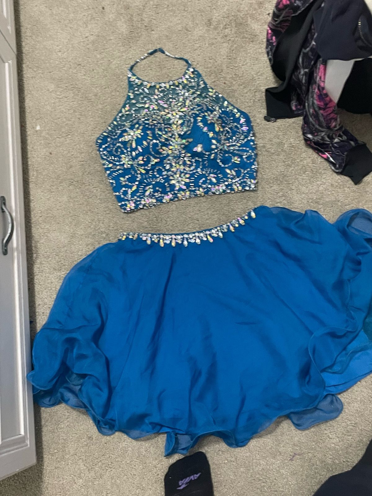 Size 10 High Neck Blue Ball Gown on Queenly