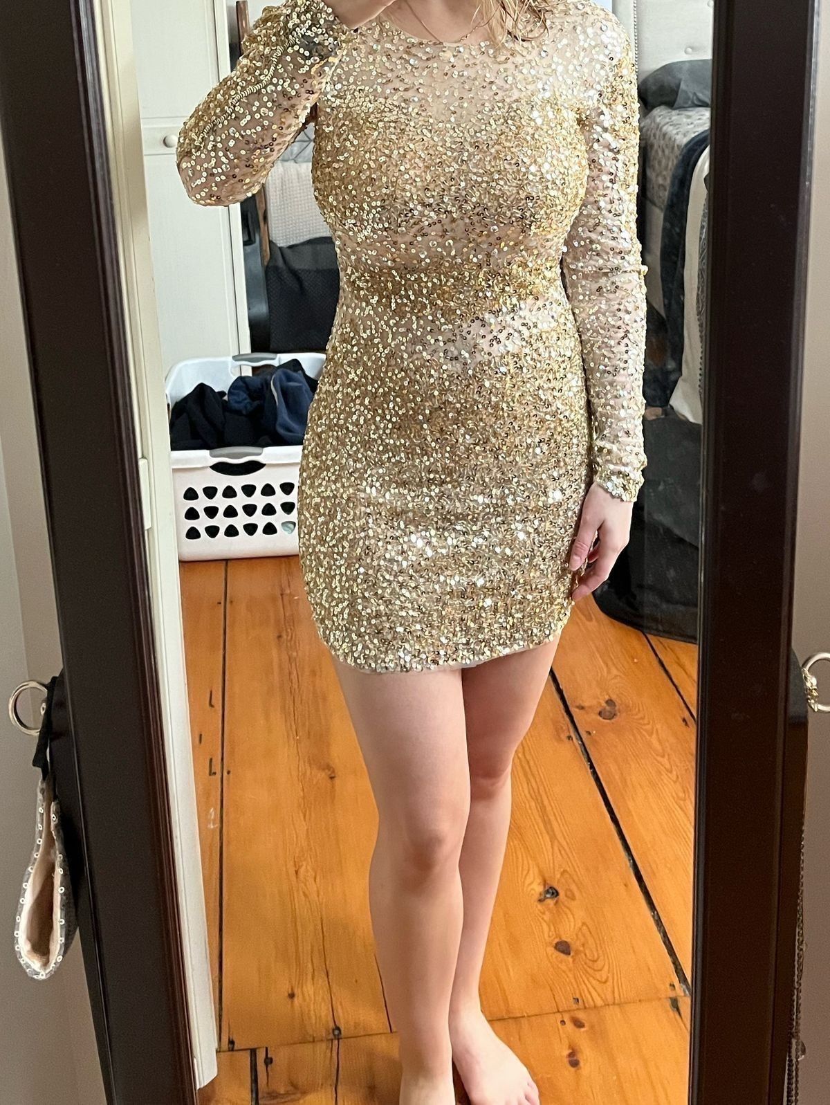 Primavera Size 2 Pageant Long Sleeve Sequined Gold Cocktail Dress on Queenly