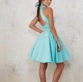 Style 9445 MoriLee Size 10 High Neck Turquoise Blue A-line Dress on Queenly