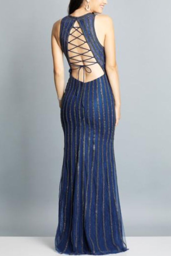 Style 7809 Dave and Johnny Size 6 Prom Halter Navy Blue Floor Length Maxi on Queenly