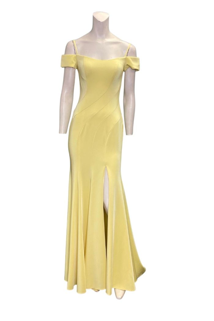 Style 6846 Dave and Johnny Size 2 Prom Off The Shoulder Yellow Side Slit Dress on Queenly