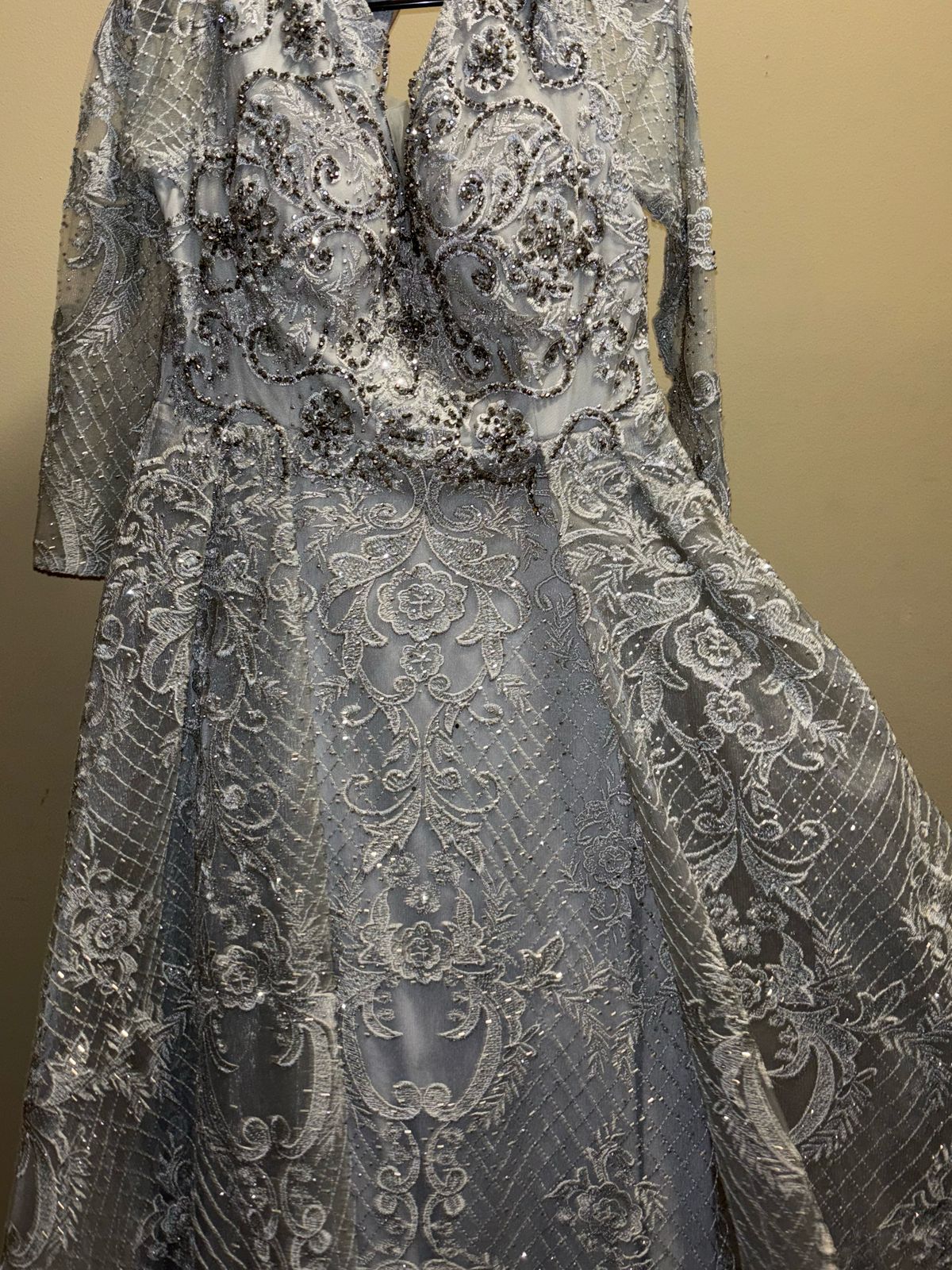 Size 12 Long Sleeve Lace Gray Mermaid Dress on Queenly