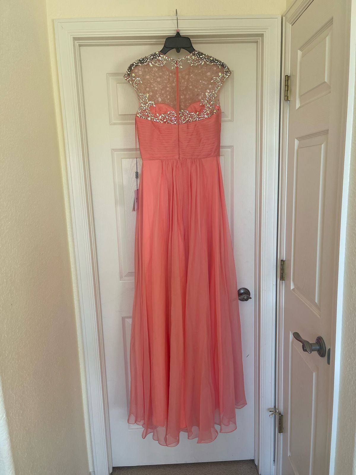 La Femme Size M Bridesmaid High Neck Sequined Coral Floor Length Maxi on Queenly