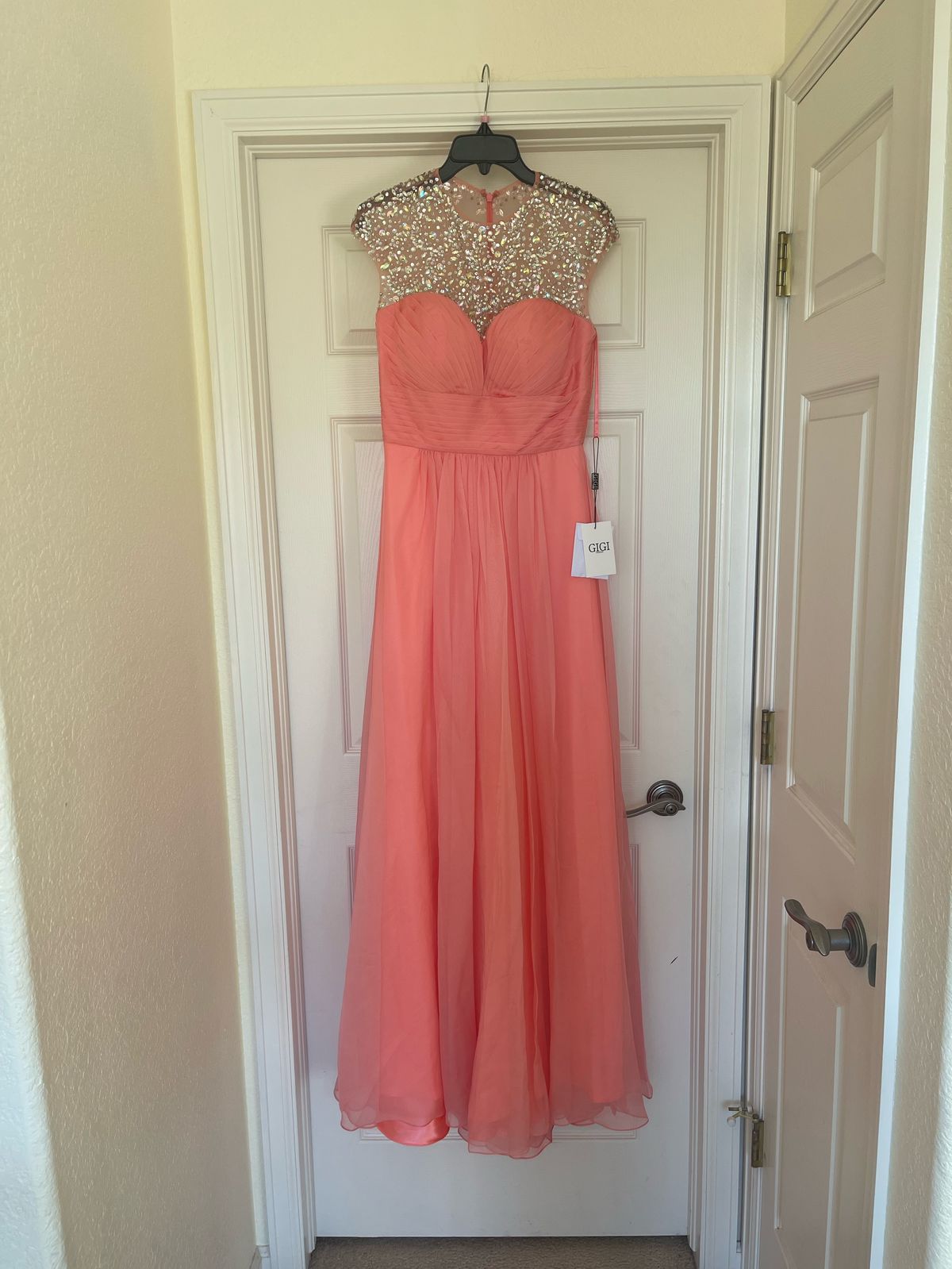 La Femme Size M Bridesmaid High Neck Sequined Coral Floor Length Maxi on Queenly