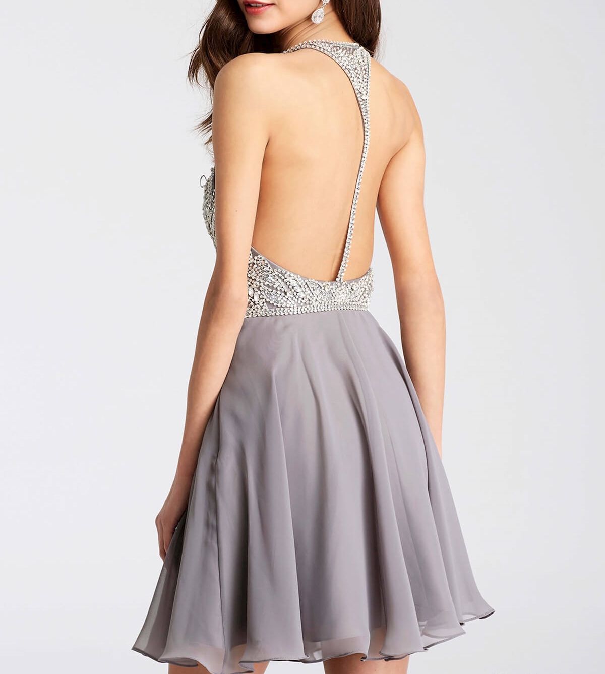 Style JVN55875 Jovani Size 12 Plunge Gray Cocktail Dress on Queenly