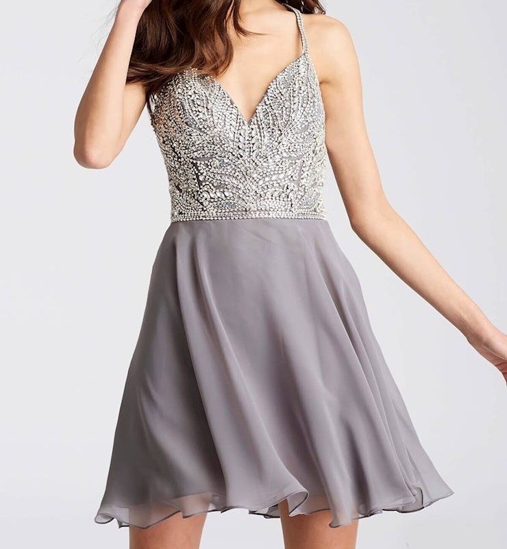 Style JVN55875 Jovani Size 12 Plunge Gray Cocktail Dress on Queenly