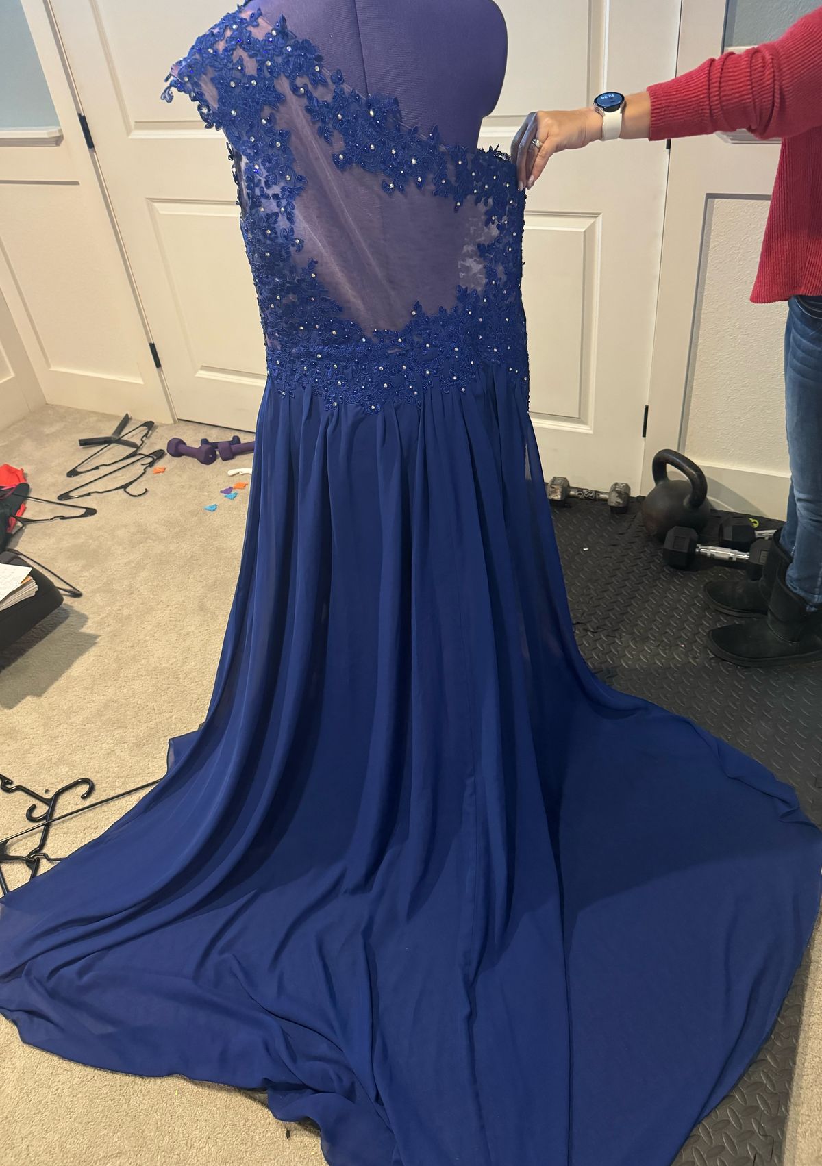 Plus Size 18 One Shoulder Lace Royal Blue A-line Dress on Queenly
