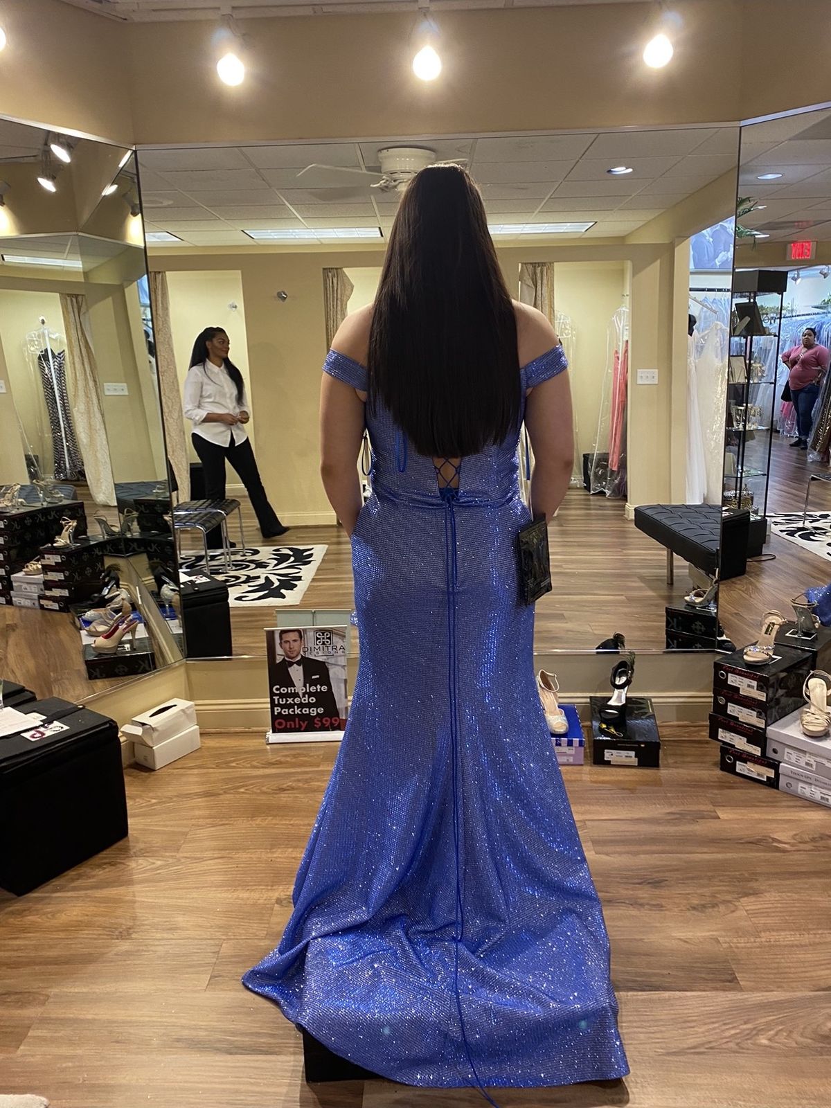 Plus Size 16 Prom Off The Shoulder Blue Mermaid Dress on Queenly