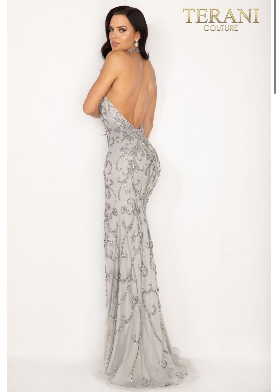Style 2012P1463 Terani Couture Size 2 Prom Halter Silver Side Slit Dress on Queenly