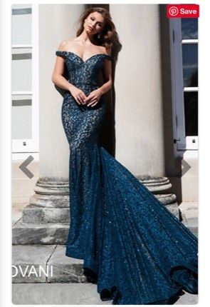 Style 64521 Jovani Size 6 Off The Shoulder Lace Blue Mermaid Dress on Queenly