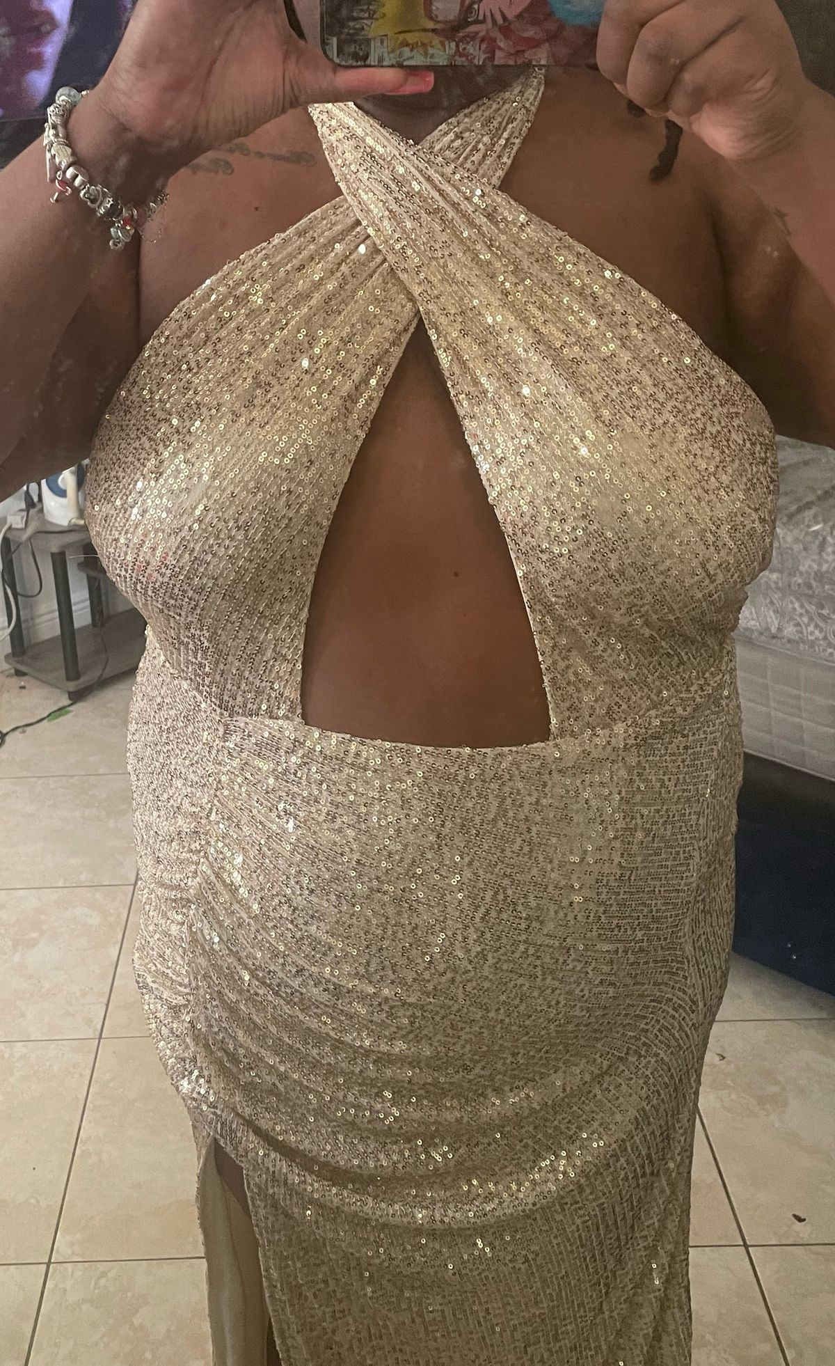 Plus Size 20 Prom Halter Gold A-line Dress on Queenly
