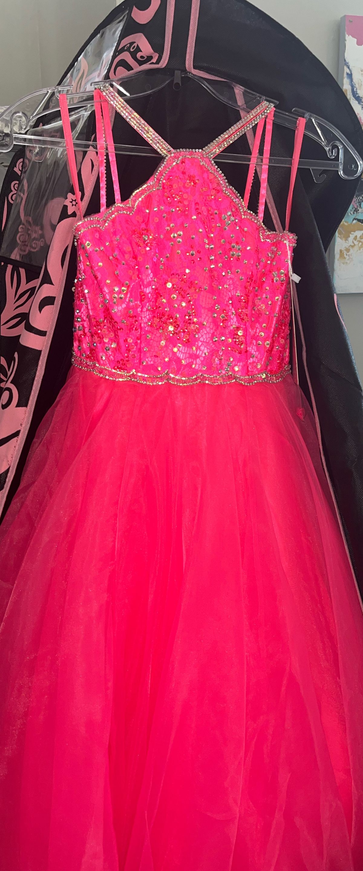 Style C143 Johnathan Kayne Girls Size 6 Pageant High Neck Pink Ball Gown on Queenly