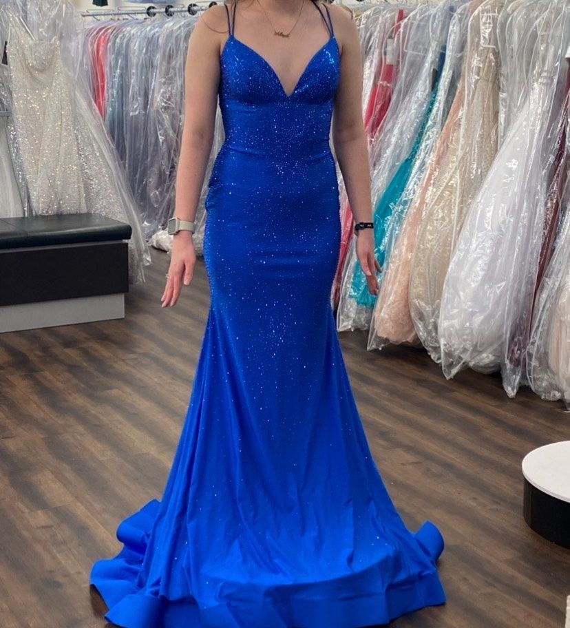 Style 54228 Sherri Hill Size 6 Prom Plunge Blue Mermaid Dress on Queenly