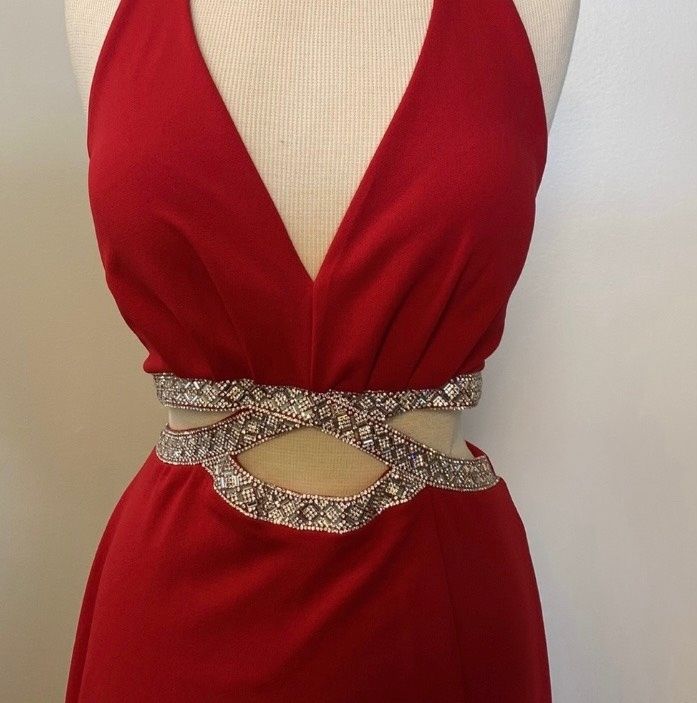 Speechless Size 8 Prom Halter Sequined Red Side Slit Dress on Queenly