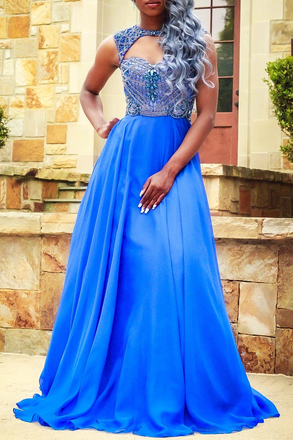 Size 4 Prom High Neck Blue Floor Length Maxi on Queenly