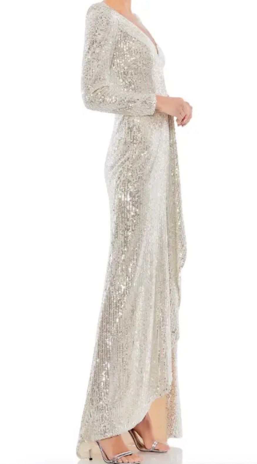 Style 26395 Mac Duggal Size 6 Plunge Silver Side Slit Dress on Queenly