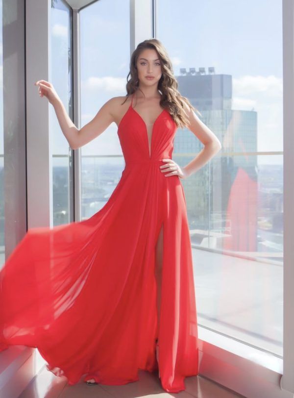 Style 7747 Faviana Size 0 Plunge Red A-line Dress on Queenly