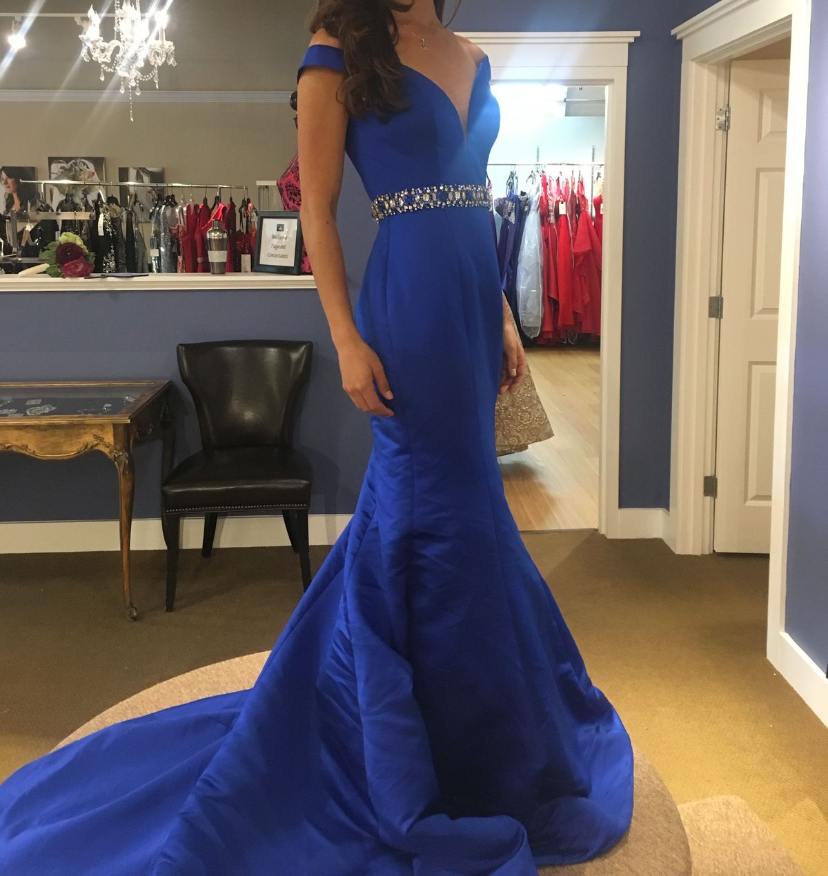 Ashley Lauren Size 0 Pageant Off The Shoulder Blue Mermaid Dress on Queenly