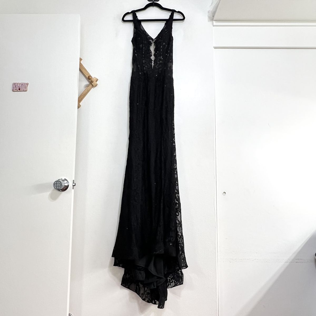 Style 28648 La Femme Size 8 Plunge Lace Black Side Slit Dress on Queenly
