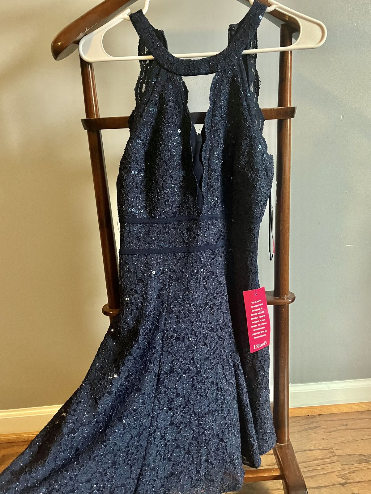 Style 12270 Dillard’s  Size 4 Plunge Lace Navy Blue Cocktail Dress on Queenly
