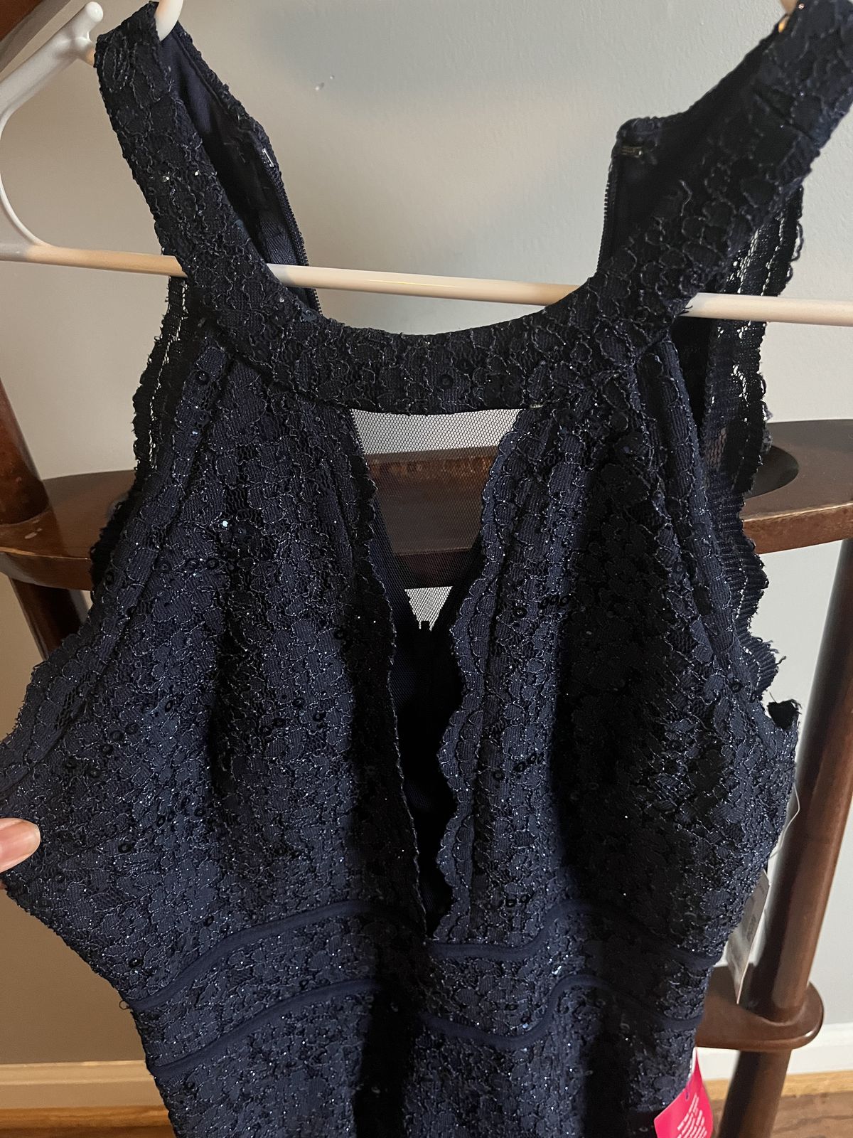 Style 12270 Dillard’s  Size 4 Plunge Lace Navy Blue Cocktail Dress on Queenly