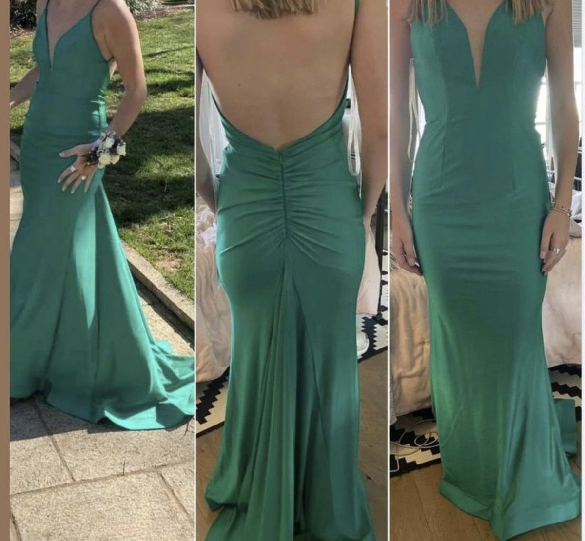 Madison James Size 2 Prom Plunge Emerald Green Dress With Train on Queenly