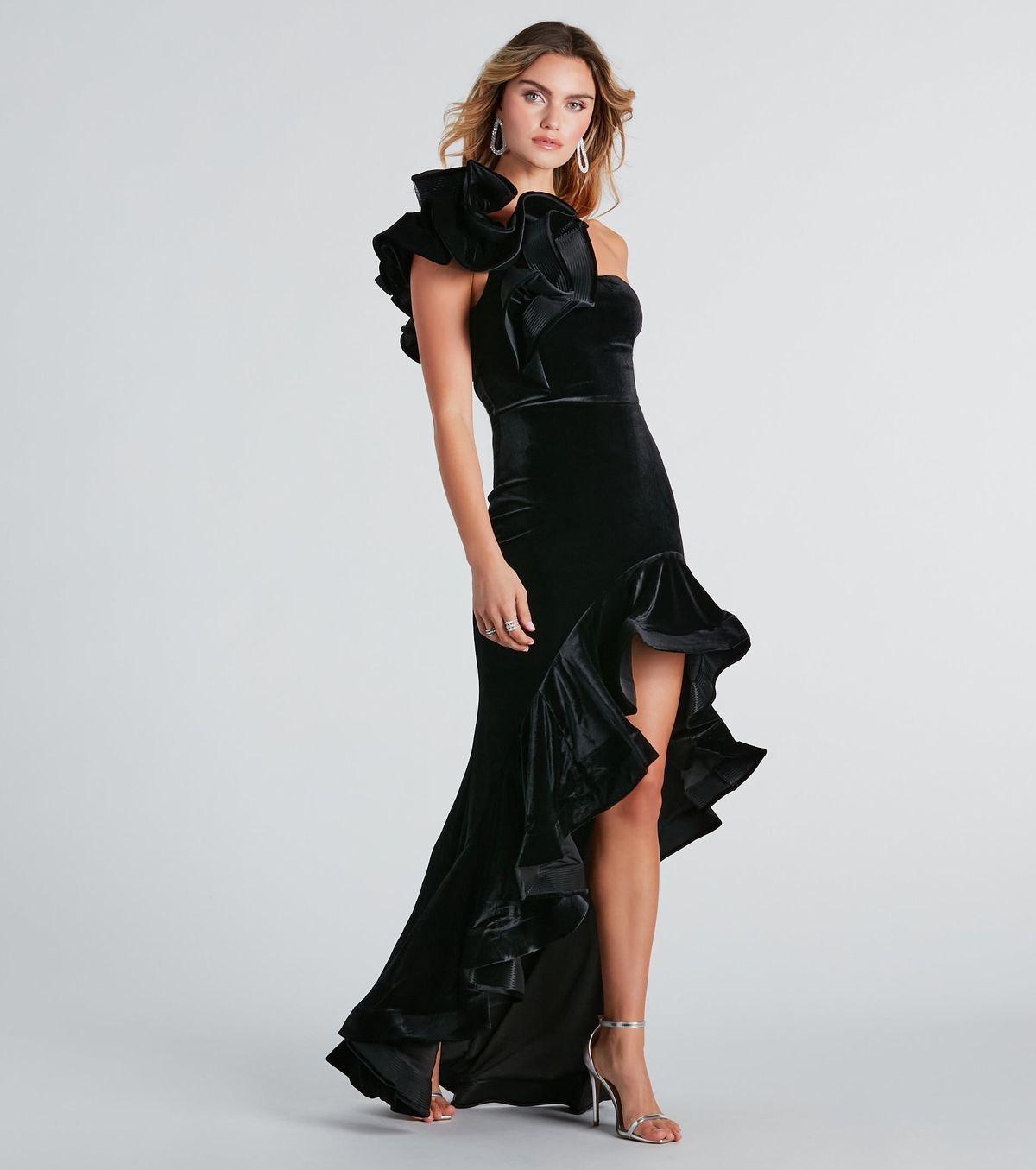 Style 05002-7677 Windsor Size S Prom One Shoulder Velvet Black Floor Length Maxi on Queenly