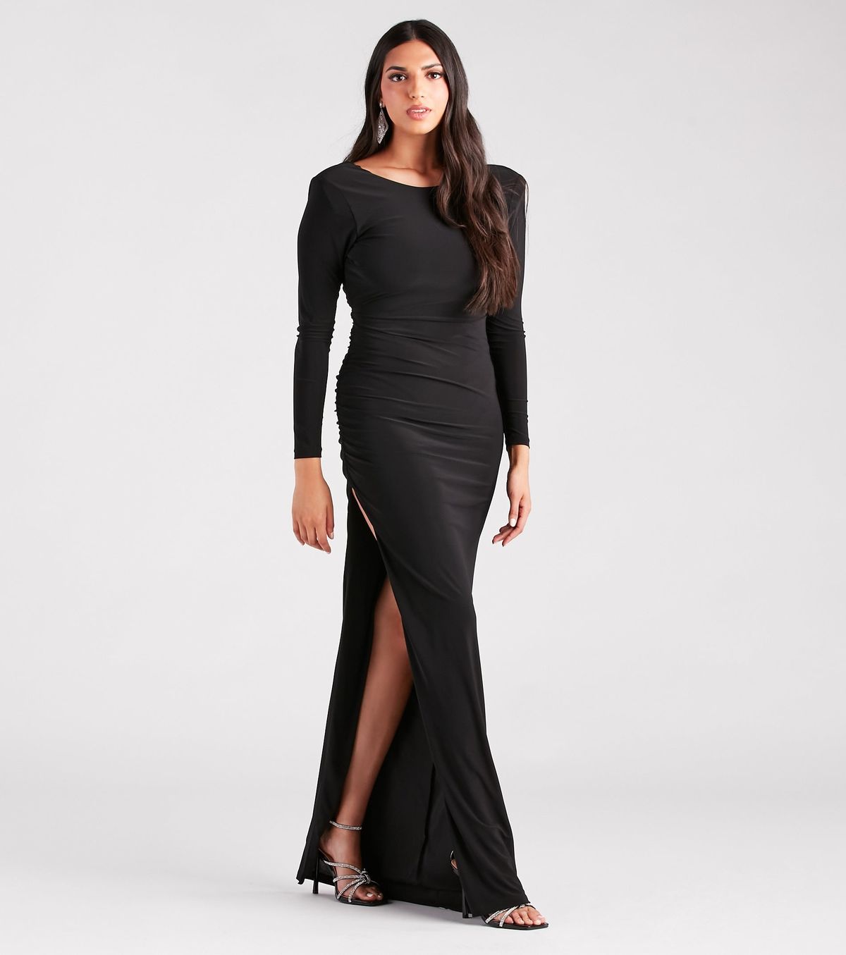 Style 05002-7355 Windsor Size S Bridesmaid Long Sleeve Black Side Slit Dress on Queenly