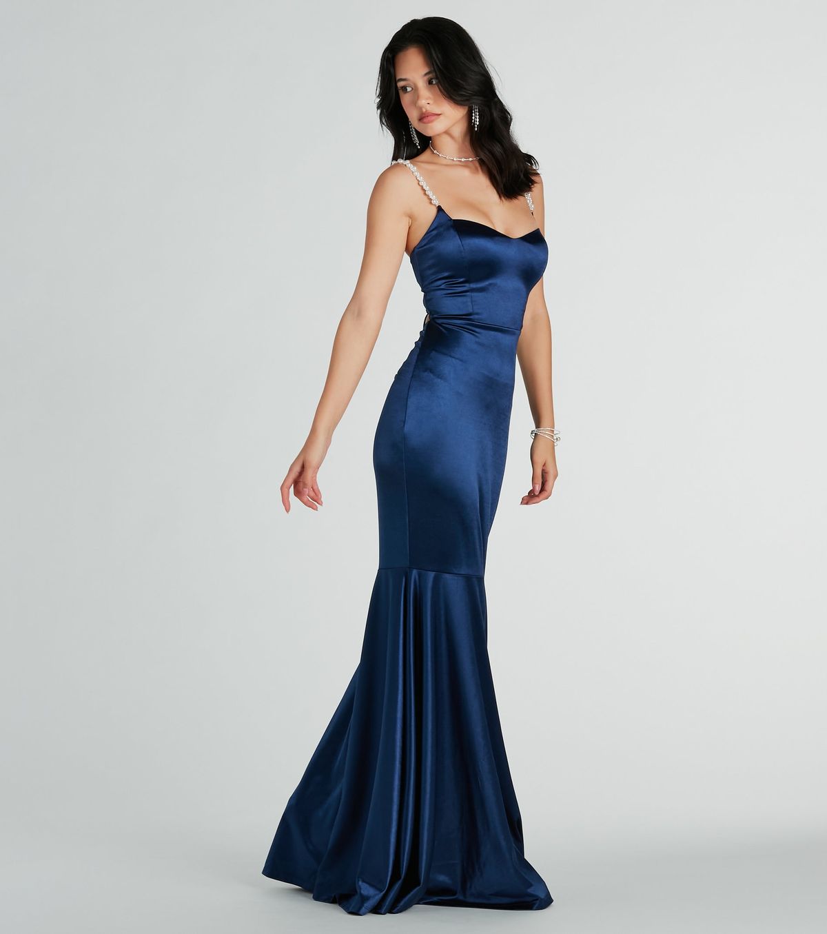 Style 05002-7864 Windsor Size L Bridesmaid Satin Blue Mermaid Dress on Queenly