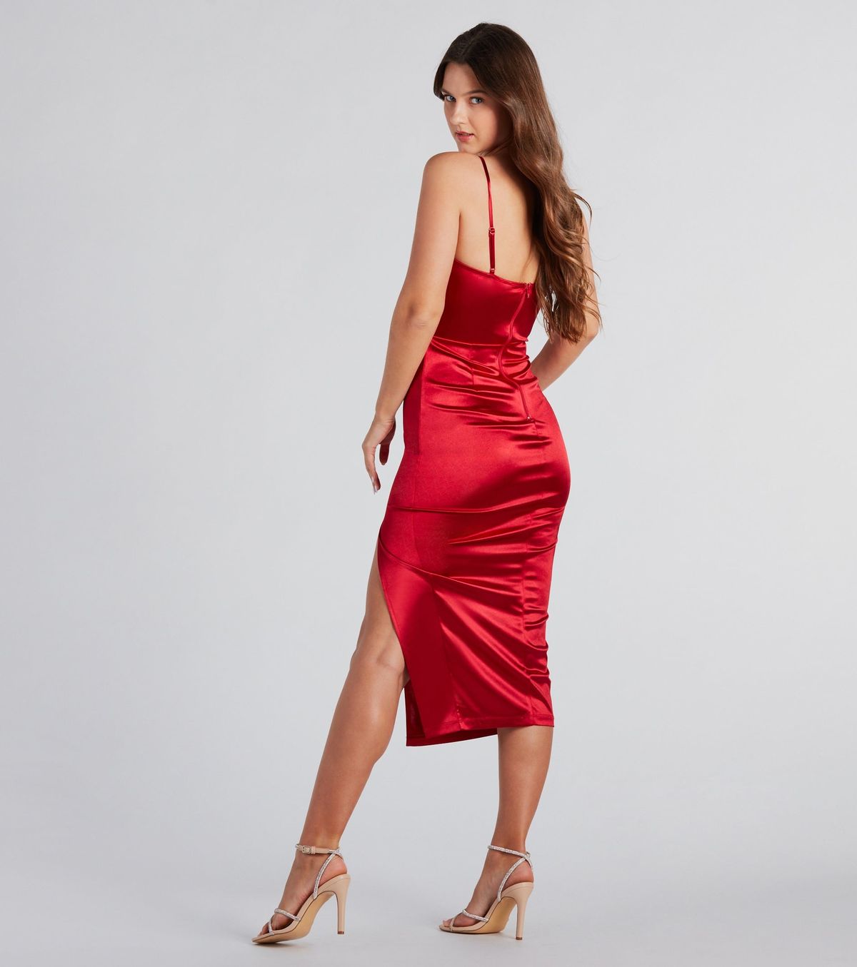 Style 05001-2028 Windsor Size S Prom Satin Red Side Slit Dress on Queenly