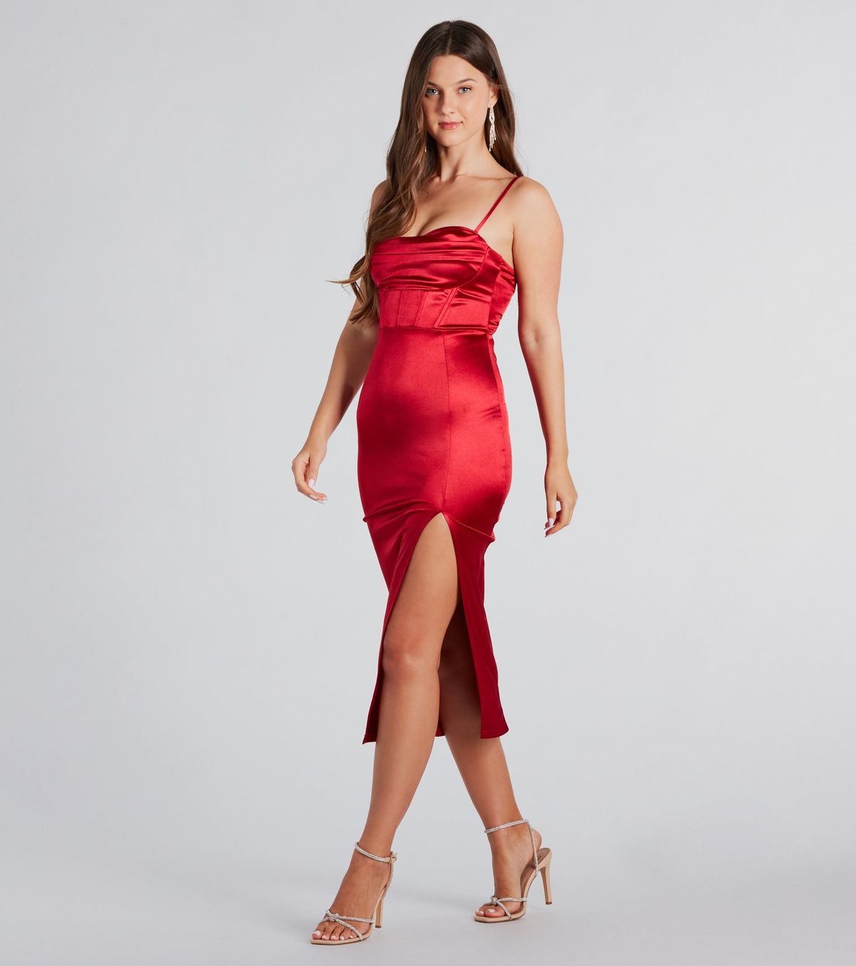 Style 05001-2029 Windsor Size L Prom Satin Gold Side Slit Dress on Queenly