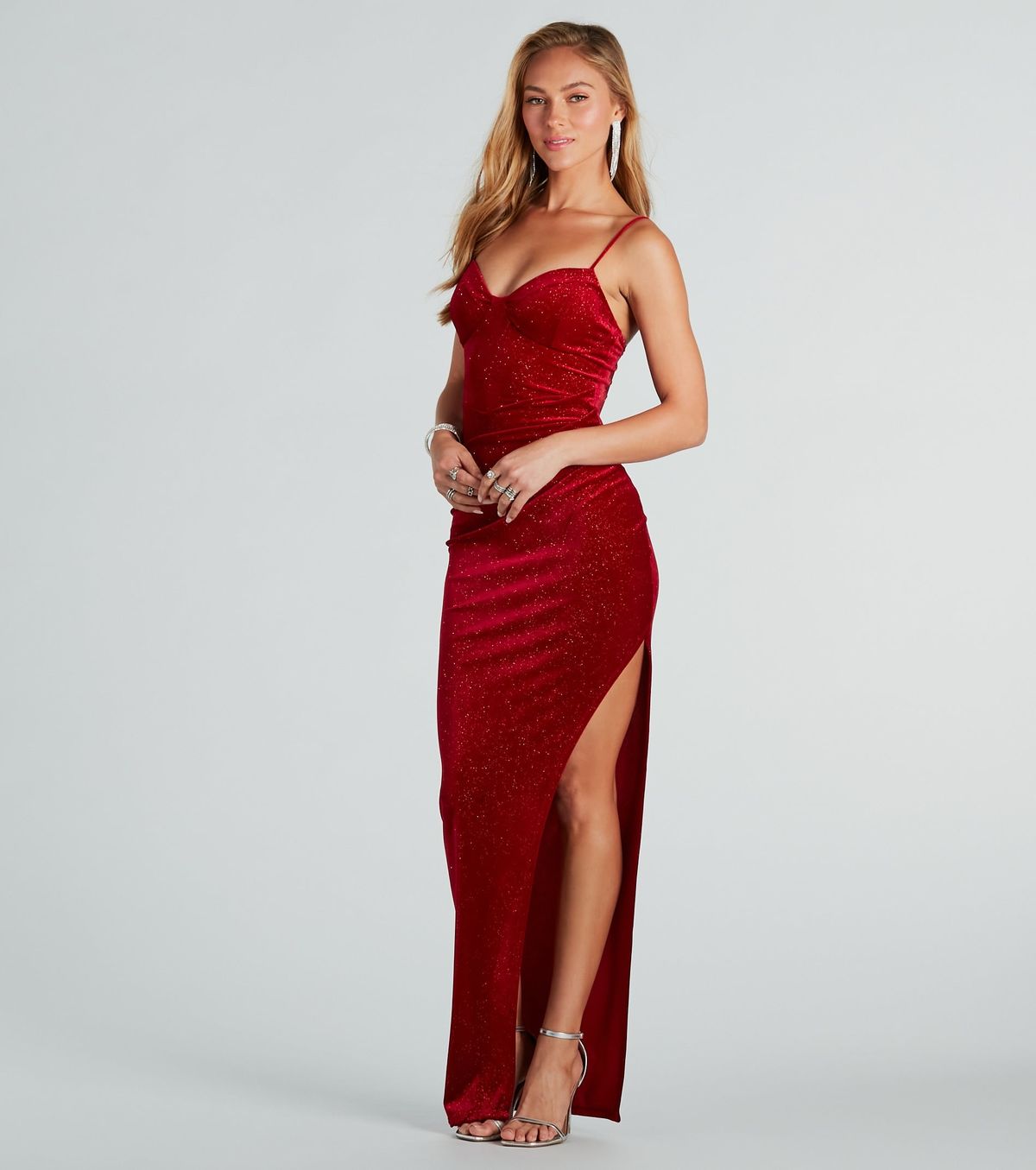 Style 05002-7633 Windsor Size S Bridesmaid Velvet Red Side Slit Dress on Queenly