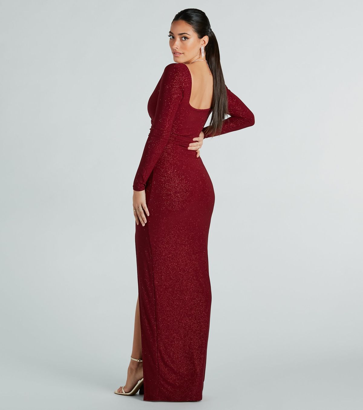 Style 05002-7909 Windsor Size S Bridesmaid Long Sleeve Sequined Red Side Slit Dress on Queenly