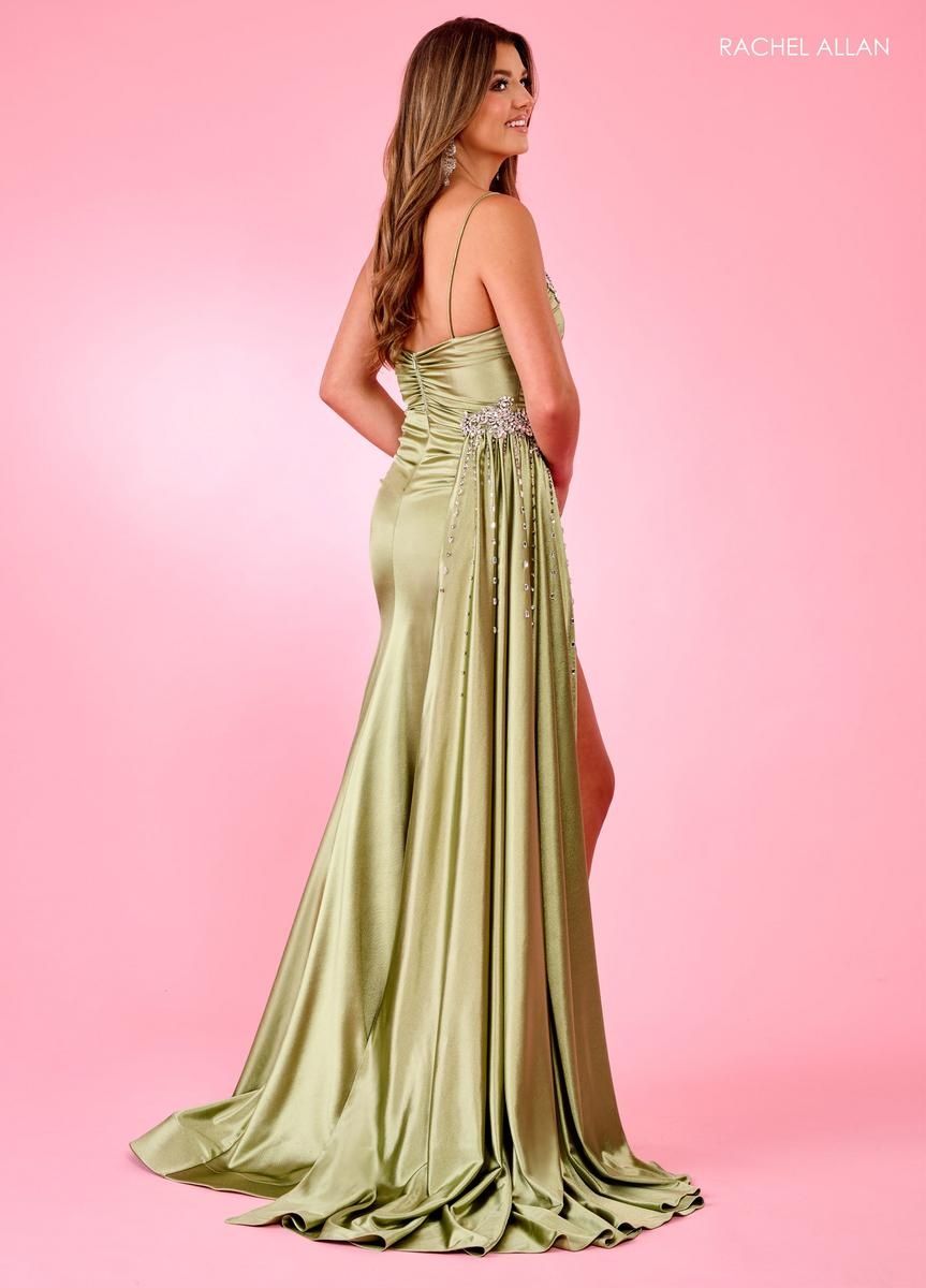 Style 70593 Rachel Allan Size 6 Pageant Green Side Slit Dress on Queenly