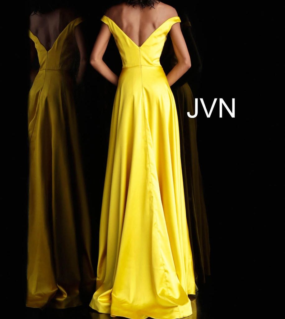 Style JVN67752 Jovani Size 4 Prom Off The Shoulder Yellow Side Slit Dress on Queenly
