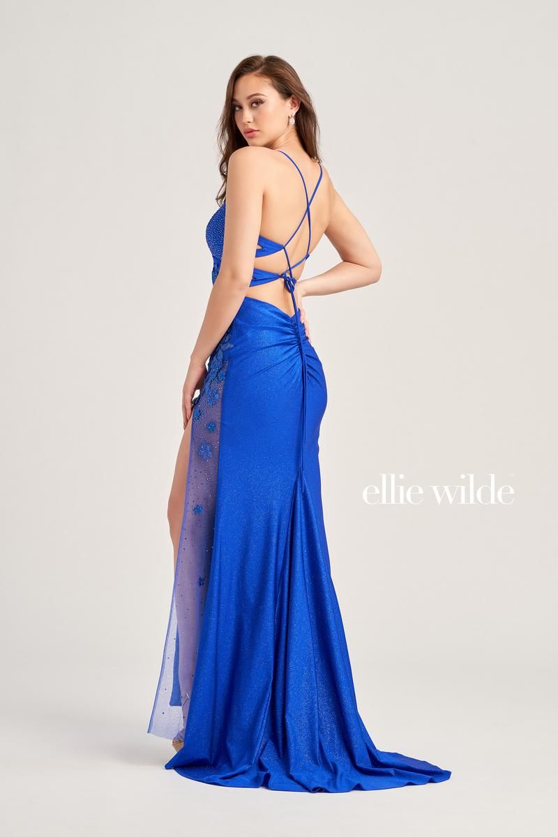 Style EW35030 Ellie Wilde Size 4 Pageant Lace Royal Blue Side Slit Dress on Queenly
