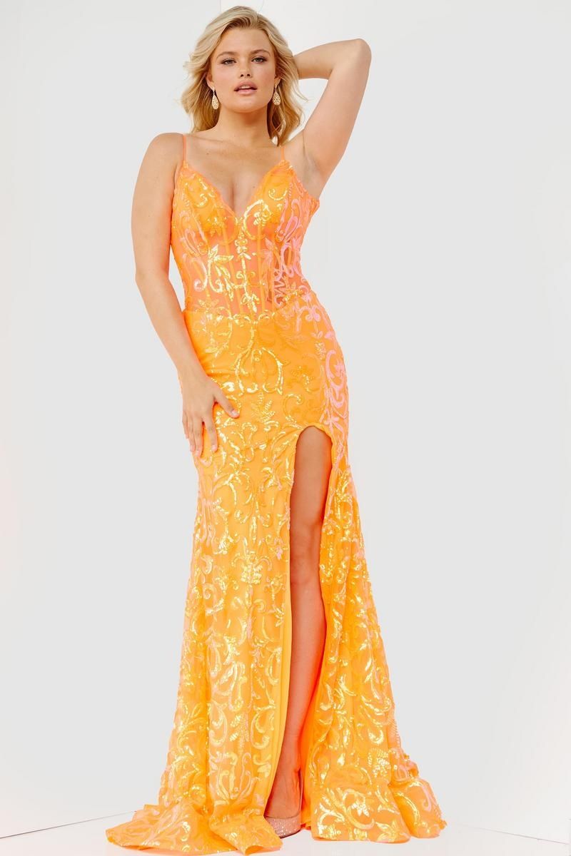 Style JVN23216 Jovani Size 0 Pageant Orange Side Slit Dress on Queenly