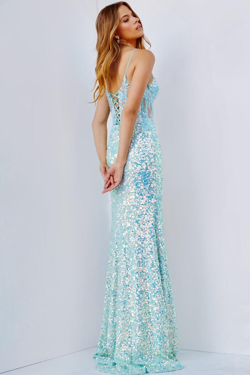 Style JVN24299 Jovani Size 00 Prom Plunge Turquoise Blue Side Slit Dress on Queenly