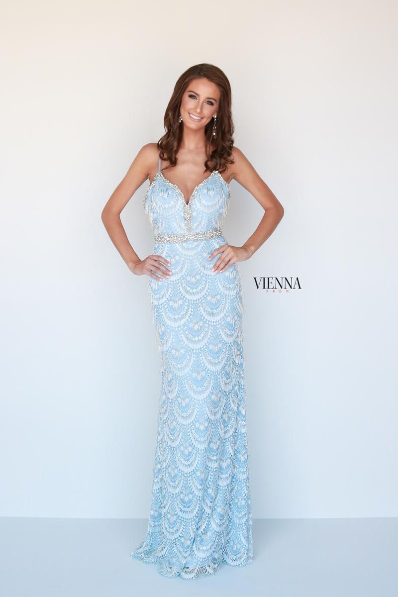 Style 9957 Vienna Size 6 Prom Lace Blue Floor Length Maxi on Queenly