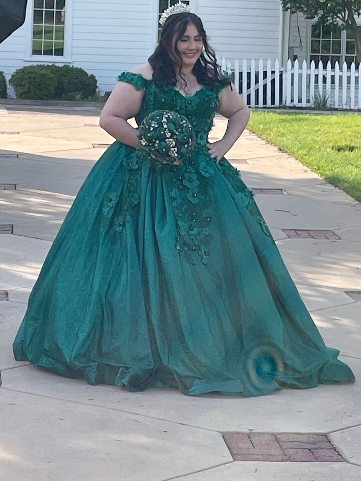 Plus Size 18 Off The Shoulder Green Ball Gown on Queenly
