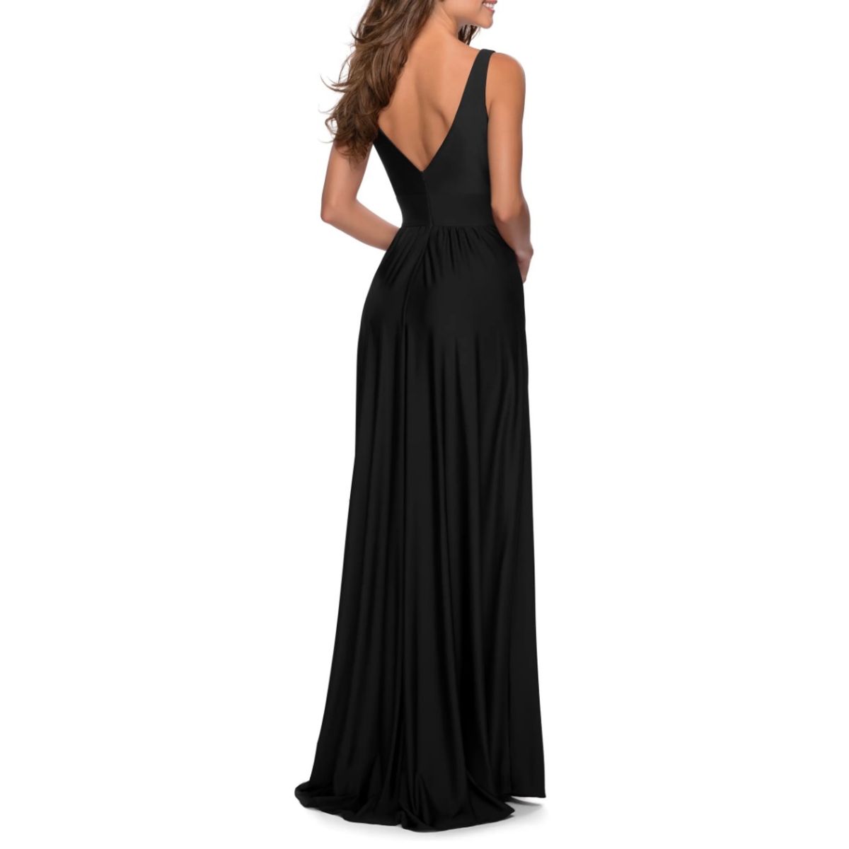 Style 28547 La Femme Size 6 Plunge Black Side Slit Dress on Queenly